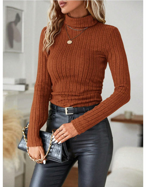Load image into Gallery viewer, RoseSeek Women's Ribbed Knit Long Sleeve Tee Rust Brown Size Small
