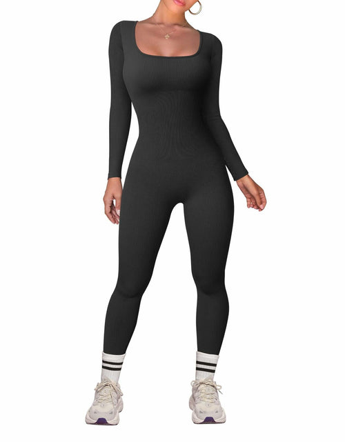 Load image into Gallery viewer, TOB Women Yoga Jumpsuit Ribbed Long Sleeve Square Neck Black Size L
