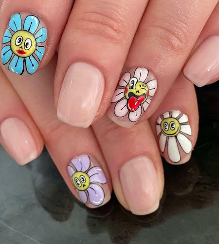 RIICFDD Summer Press On Nails Short Square Nude Pink Flower 24Pcs