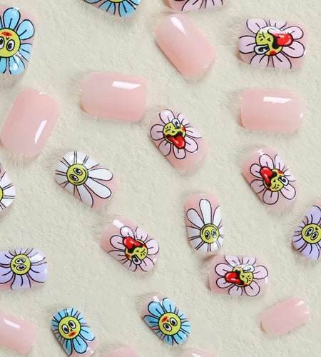 RIICFDD Summer Press On Nails Short Square Nude Pink Flower 24Pcs
