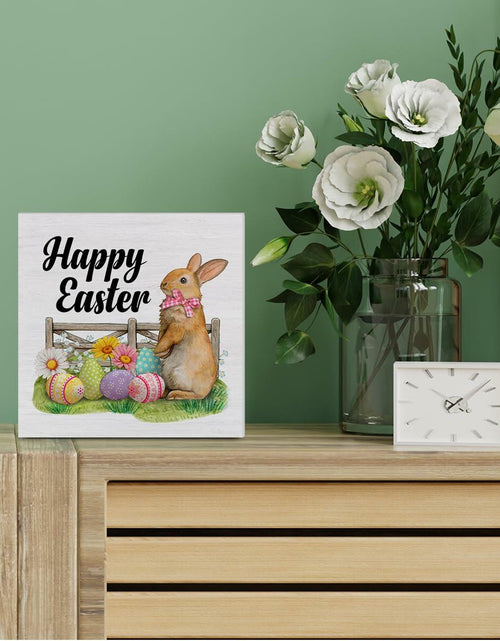 Load image into Gallery viewer, Rustic Bunny Wood Sign Happy Easter Decor Tabletop Shelf 5x5 Inches
