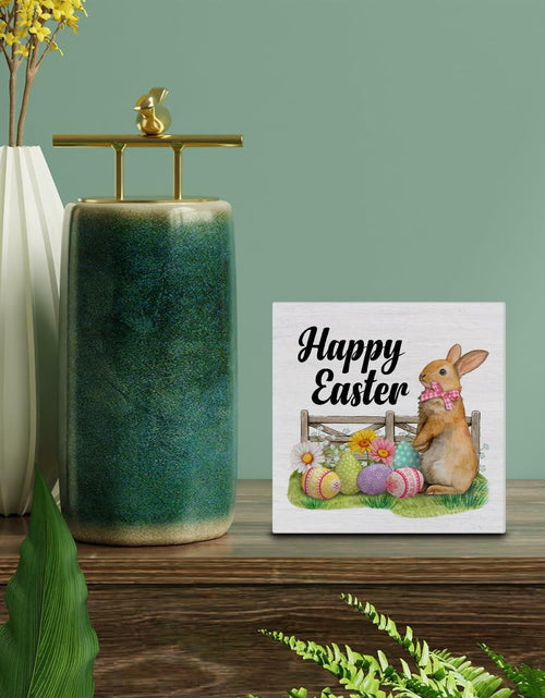 Load image into Gallery viewer, Rustic Bunny Wood Sign Happy Easter Decor Tabletop Shelf 5x5 Inches
