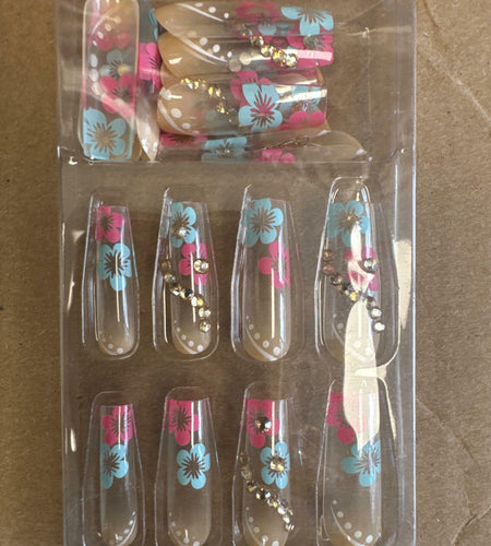 RUOKEXIN Acrylic Coffin Nails 24Pcs Red Blue Flower Gold Rhinestones Glossy