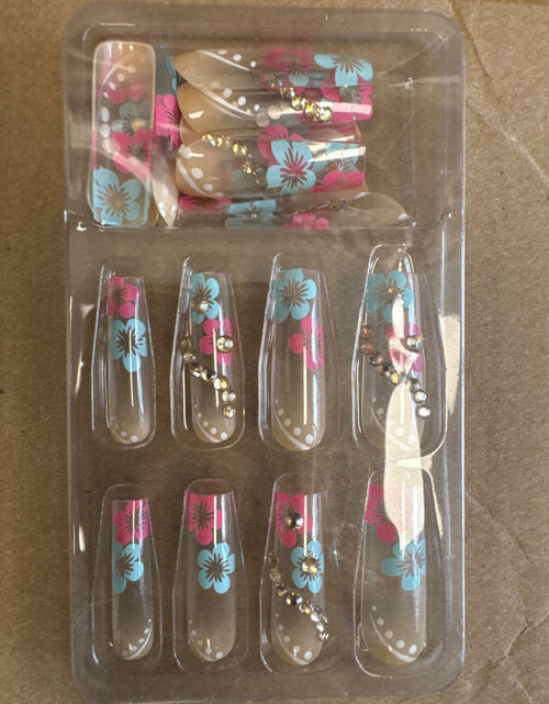 Load image into Gallery viewer, RUOKEXIN Acrylic Coffin Nails 24Pcs Red Blue Flower Gold Rhinestones Glossy
