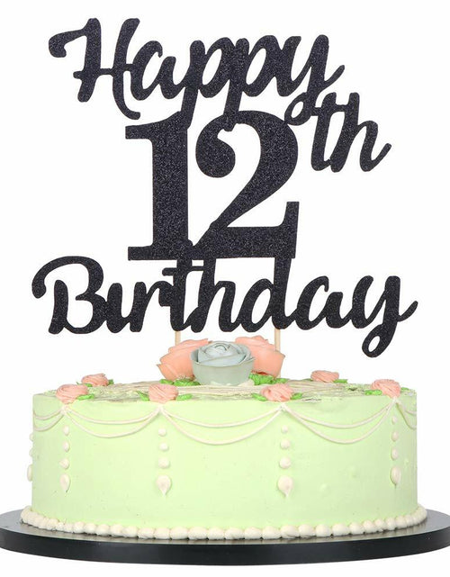 Load image into Gallery viewer, LVEUD 12th Birthday Cake Topper Black Glitter 12th Party Decoration
