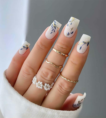 RUOKEXIN Acrylic Coffin Nails 24Pcs Red Blue Flower Gold Rhinestones Glossy