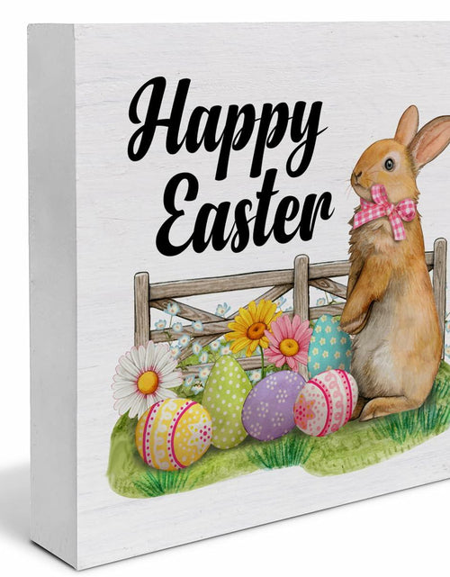 Load image into Gallery viewer, Rustic Bunny Wood Sign Happy Easter Decor Tabletop Shelf 5x5 Inches
