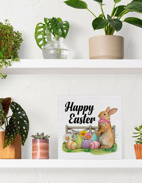 Load image into Gallery viewer, Rustic Bunny Wood Sign Happy Easter Decor Tabletop Shelf 5x5 Inches
