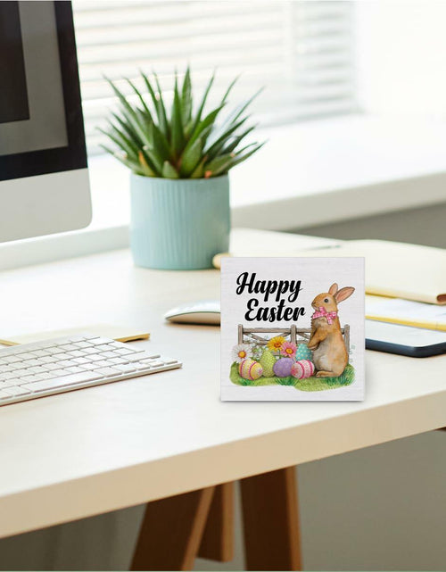 Load image into Gallery viewer, Rustic Bunny Wood Sign Happy Easter Decor Tabletop Shelf 5x5 Inches
