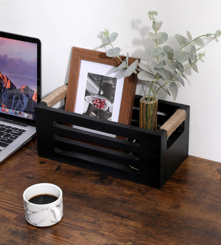 Wood Toilet Paper Holder Basket with Handles Black 12x5.9x4.9in Black
