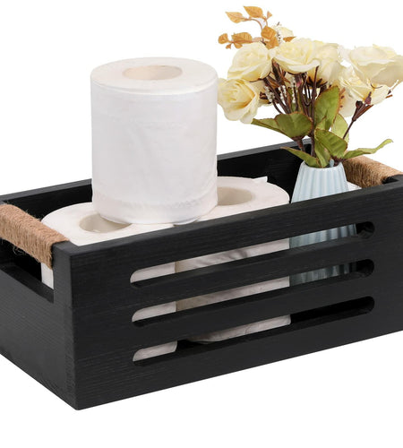 Wood Toilet Paper Holder Basket with Handles Black 12x5.9x4.9in Black