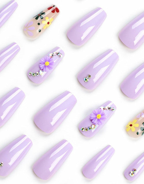 Load image into Gallery viewer, LPOODDNU Press On Nails Medium Coffin Glossy Purple 24Pcs Spring Daisy

