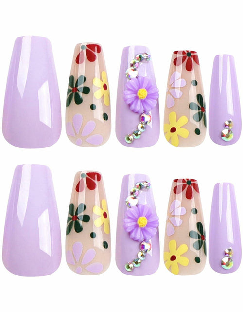 Load image into Gallery viewer, LPOODDNU Press On Nails Medium Coffin Glossy Purple 24Pcs Spring Daisy
