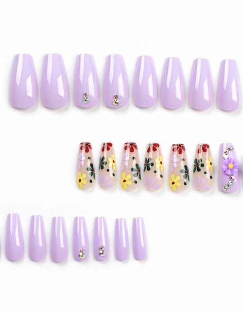 Load image into Gallery viewer, LPOODDNU Press On Nails Medium Coffin Glossy Purple 24Pcs Spring Daisy
