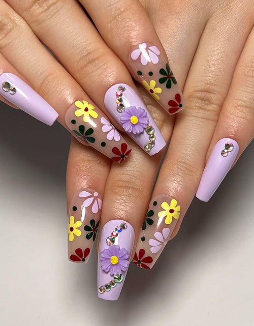 Load image into Gallery viewer, LPOODDNU Press On Nails Medium Coffin Glossy Purple 24Pcs Spring Daisy
