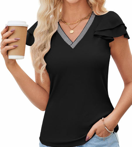 Womens Ruffle Sleeve V Neck Fitted Blouse Top Black Size 2XL
