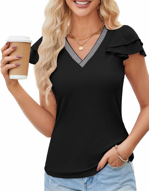 Load image into Gallery viewer, Womens Ruffle Sleeve V Neck Fitted Blouse Top Black Size 2XL
