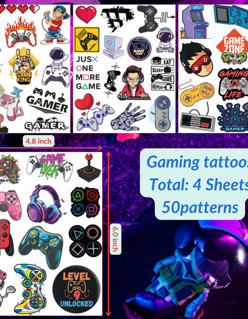 Load image into Gallery viewer, Gaming Temporary Tattoos 4 Sheets Colorful Gamer Party Favors Gift Idea
