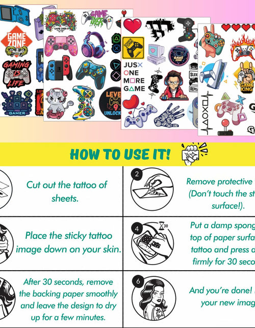 Load image into Gallery viewer, Gaming Temporary Tattoos 4 Sheets Colorful Gamer Party Favors Gift Idea
