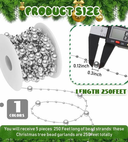Ecally 250ft Plastic Beads Garland Chain Roll Silver Wedding Decor