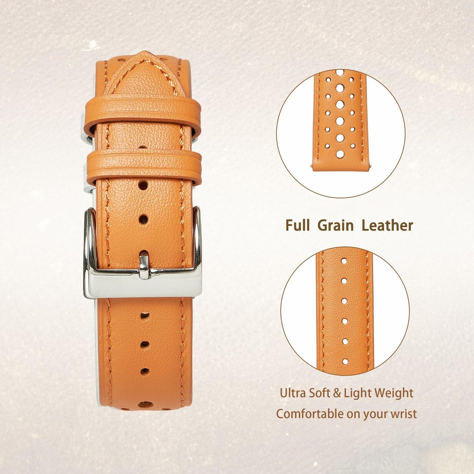 Jeereal Leather Watch Band Strap 22mm Tan Genuine Leather