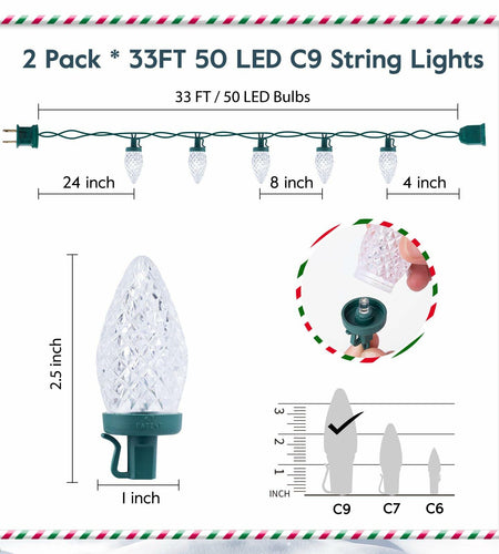 Brightown C9 LED Christmas String Lights 33ft 50 LED Warm White 2 Pack
