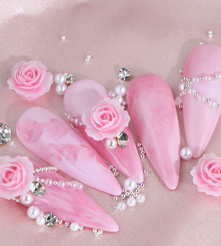Valentine's Day Pink Flower 3D Nail Art Charms Pearls Rhinestones 1 Box