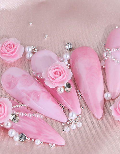 Load image into Gallery viewer, Valentine's Day Pink Flower 3D Nail Art Charms Pearls Rhinestones 1 Box
