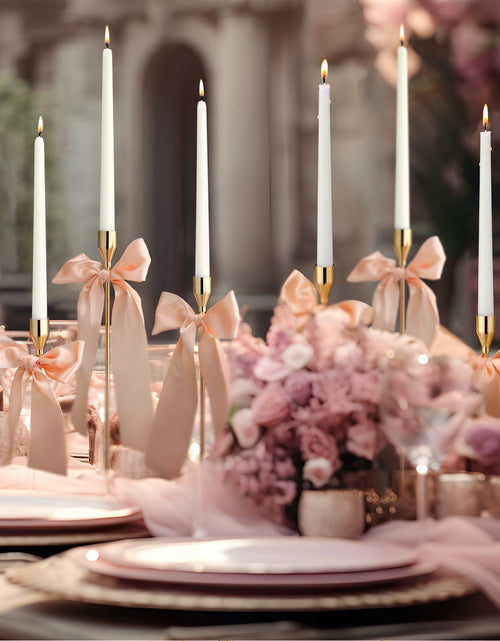 Load image into Gallery viewer, Mumufy 6 Set Gold Metal Taper Candlestick Holders Pink Satin Bow
