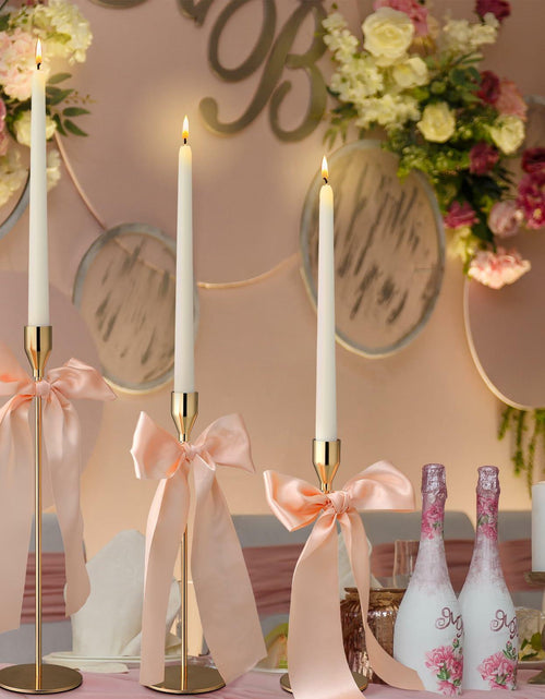 Load image into Gallery viewer, Mumufy 6 Set Gold Metal Taper Candlestick Holders Pink Satin Bow
