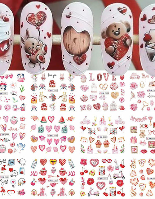 Load image into Gallery viewer, Valentines Day Nail Stickers 12 Sheets Heart Lip Flower Nail Art Pink
