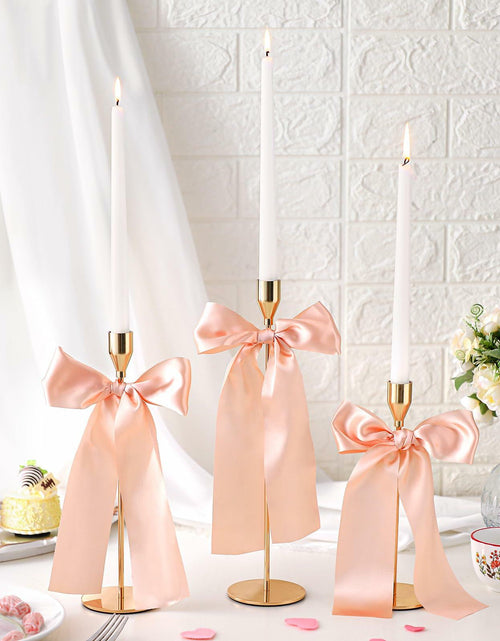 Load image into Gallery viewer, Mumufy 6 Set Gold Metal Taper Candlestick Holders Pink Satin Bow
