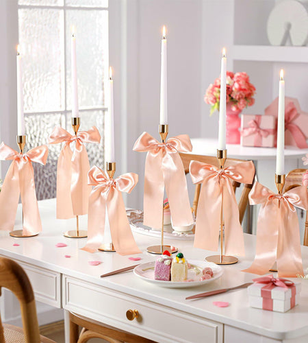 Mumufy 6 Set Gold Metal Taper Candlestick Holders Pink Satin Bow