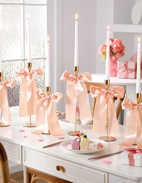 Load image into Gallery viewer, Mumufy 6 Set Gold Metal Taper Candlestick Holders Pink Satin Bow
