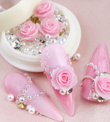 Valentine's Day Pink Flower 3D Nail Art Charms Pearls Rhinestones 1 Box
