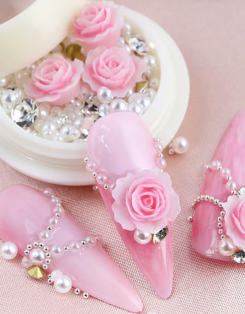 Load image into Gallery viewer, Valentine's Day Pink Flower 3D Nail Art Charms Pearls Rhinestones 1 Box
