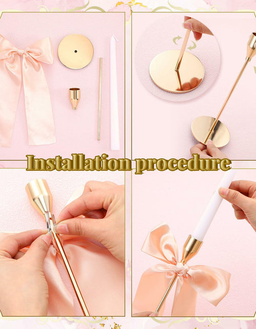 Load image into Gallery viewer, Mumufy 6 Set Gold Metal Taper Candlestick Holders Pink Satin Bow
