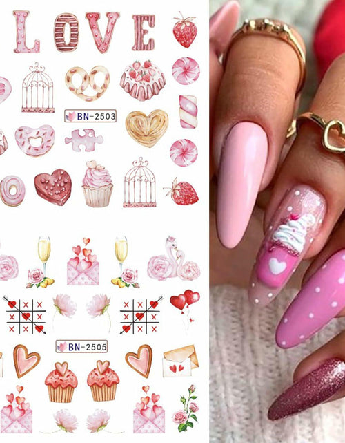 Load image into Gallery viewer, Valentines Day Nail Stickers 12 Sheets Heart Lip Flower Nail Art Pink
