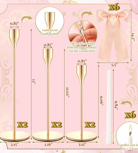 Mumufy 6 Set Gold Metal Taper Candlestick Holders Pink Satin Bow