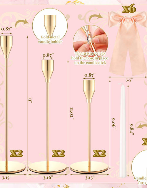 Load image into Gallery viewer, Mumufy 6 Set Gold Metal Taper Candlestick Holders Pink Satin Bow
