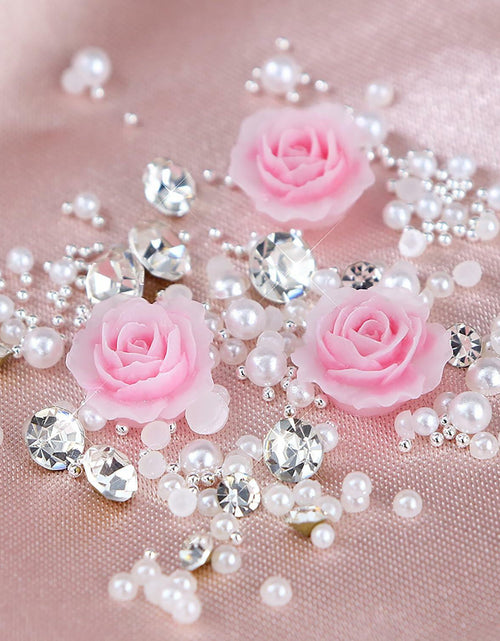 Load image into Gallery viewer, Valentine's Day Pink Flower 3D Nail Art Charms Pearls Rhinestones 1 Box
