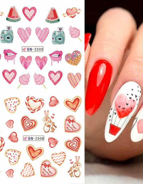 Load image into Gallery viewer, Valentines Day Nail Stickers 12 Sheets Heart Lip Flower Nail Art Pink
