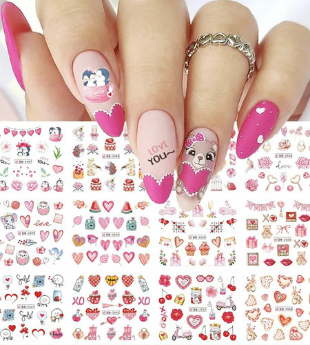 Valentines Day Nail Stickers 12 Sheets Heart Lip Flower Nail Art Pink