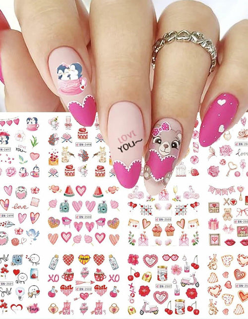 Load image into Gallery viewer, Valentines Day Nail Stickers 12 Sheets Heart Lip Flower Nail Art Pink
