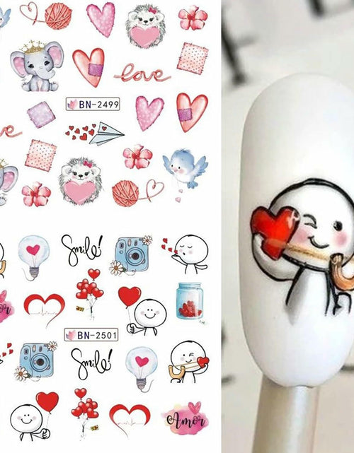 Load image into Gallery viewer, Valentines Day Nail Stickers 12 Sheets Heart Lip Flower Nail Art Pink
