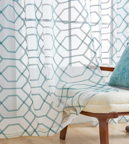 WANSOUL Blue Pattern Sheer Curtains 2 Panels 84in Teal Blue Moroccan Design