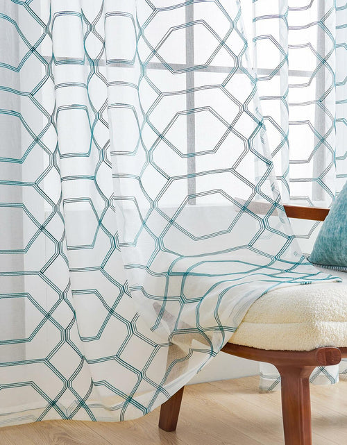 Load image into Gallery viewer, WANSOUL Blue Pattern Sheer Curtains 2 Panels 84in Teal Blue Moroccan Design
