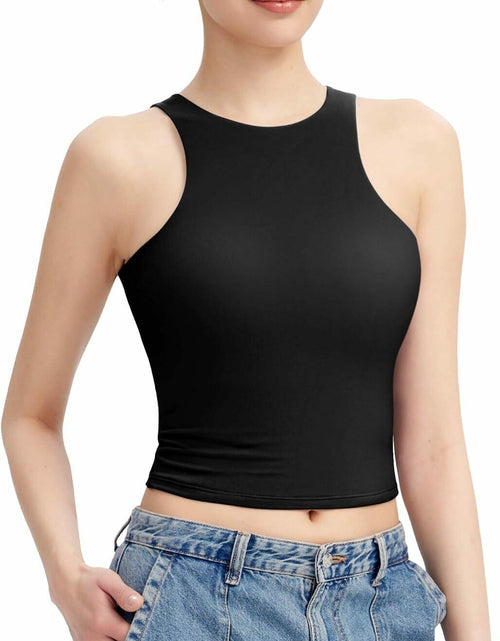 Load image into Gallery viewer, HOCILLE Women's Sexy Racerback Ribbed Crop Tank Top Black Size XS
