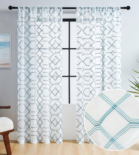 WANSOUL Blue Pattern Sheer Curtains 2 Panels 84in Teal Blue Moroccan Design