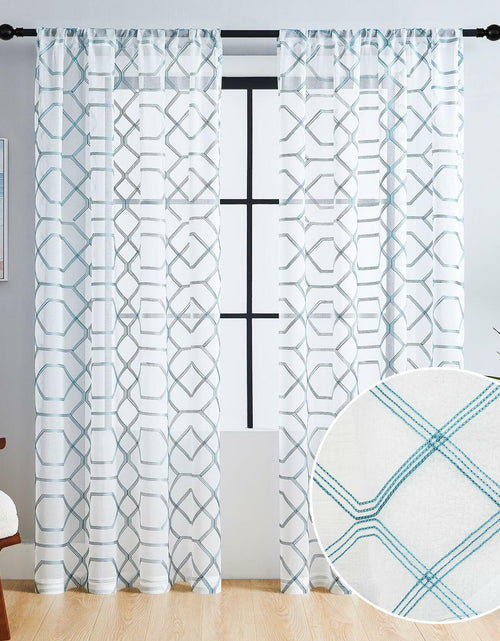 Load image into Gallery viewer, WANSOUL Blue Pattern Sheer Curtains 2 Panels 84in Teal Blue Moroccan Design
